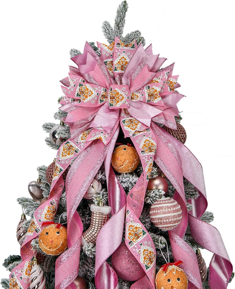 BUVANE Christmas Tree Topper,48x13 inches Large Toppers Bow with Snowflake Pattern for Christmas Decoration (Light Pink) - Image 1